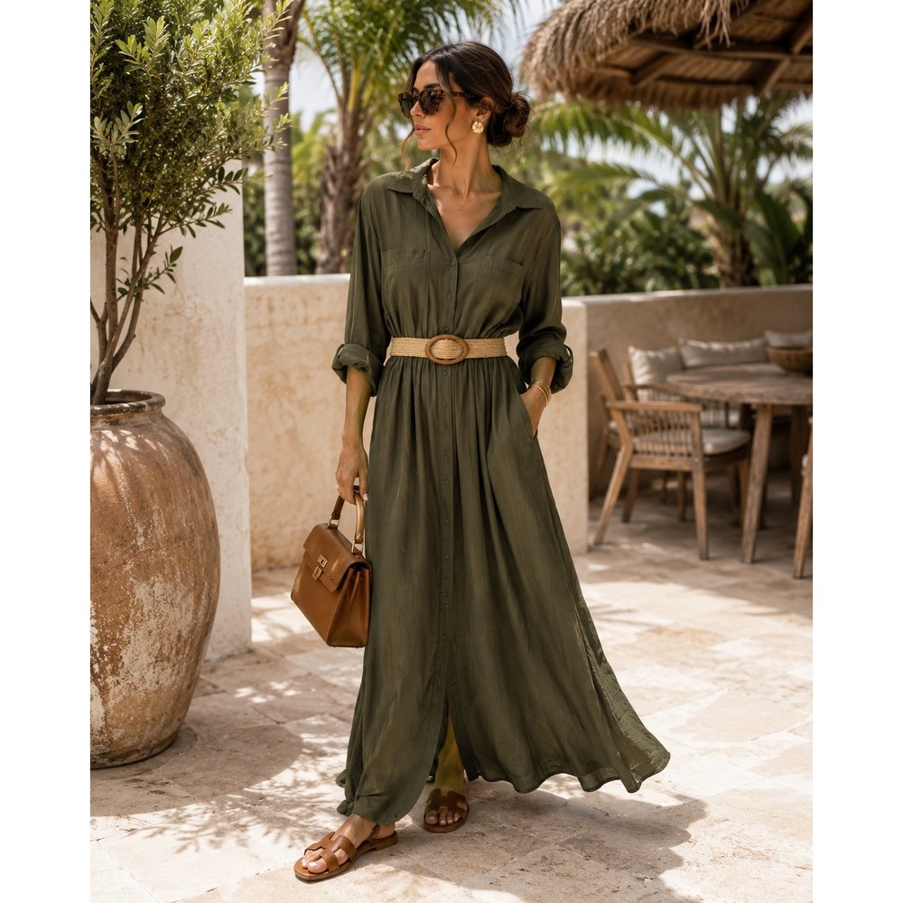Fashion Nova Olive Green Maxi Shirt Dress Belted Roll Tab Sleeve Safari Medium
